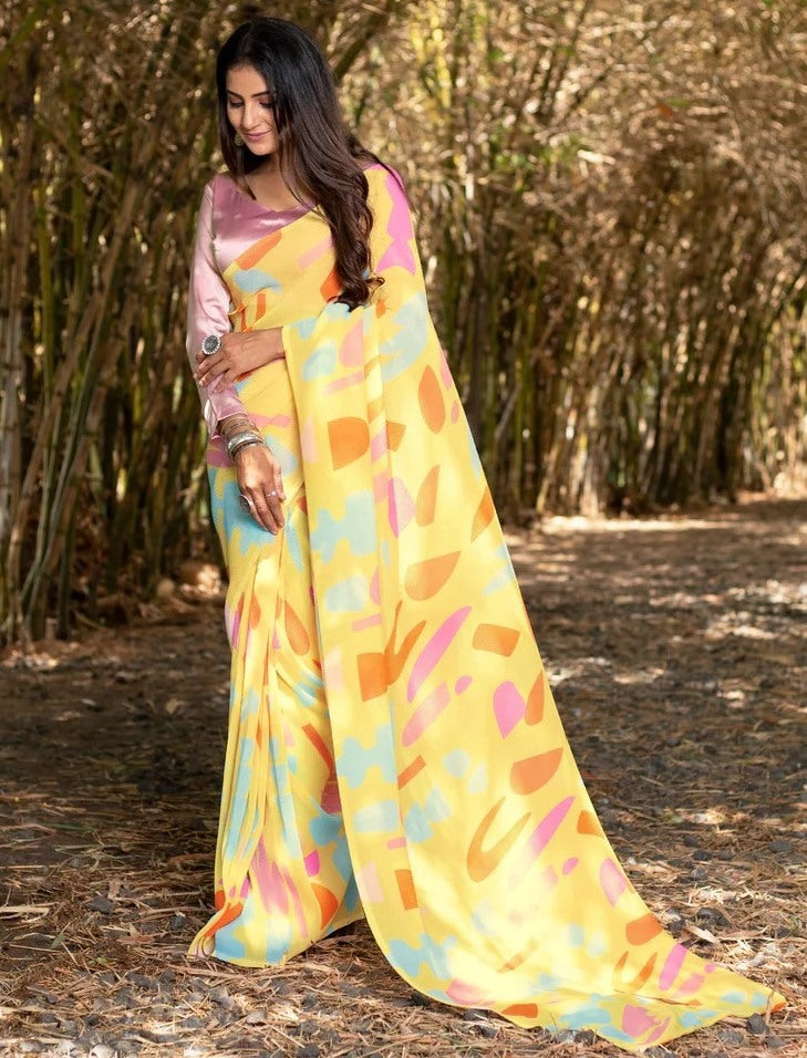 Yellow georgette printed crush saree