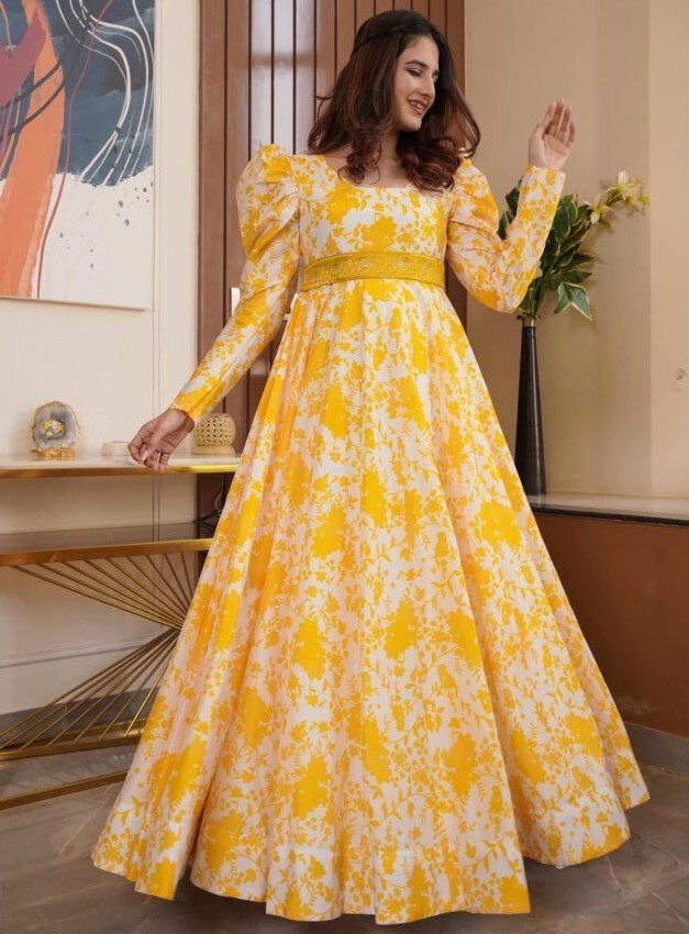 Yellow georgette printed gown