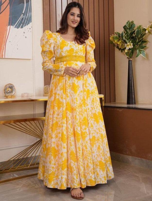 Yellow georgette printed gown