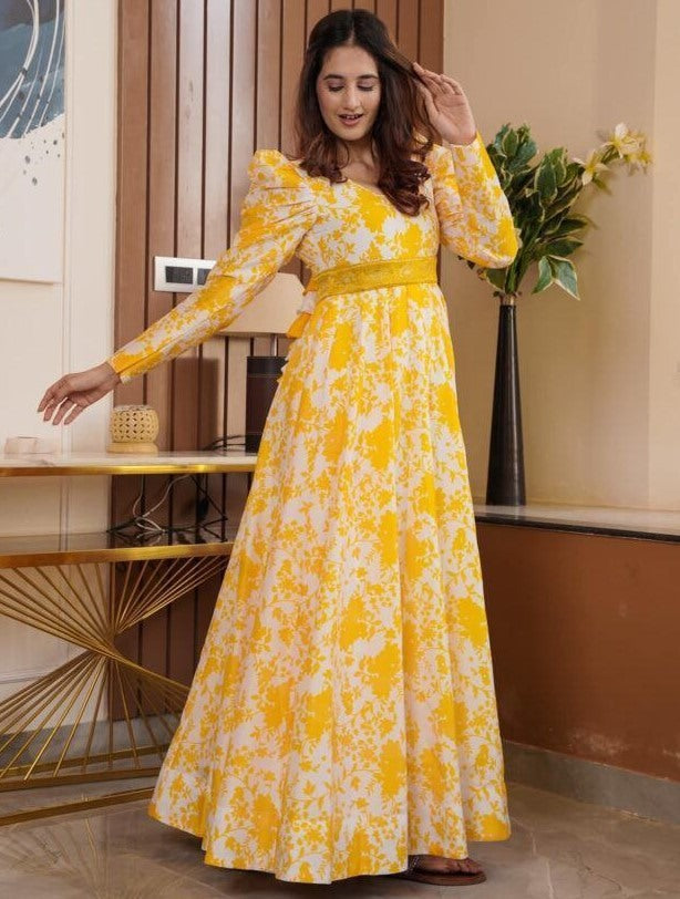 Yellow georgette printed gown