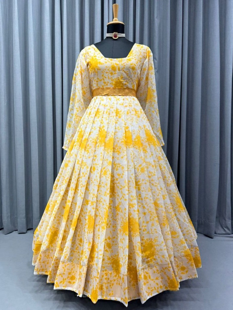 Yellow georgette printed gown