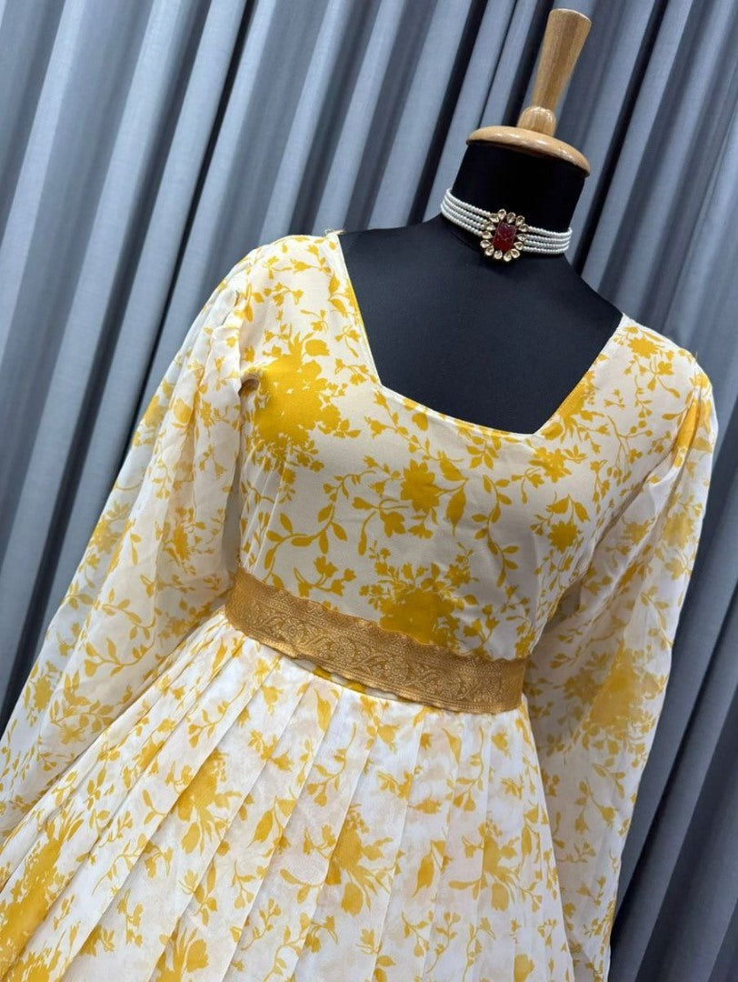 Yellow georgette printed gown