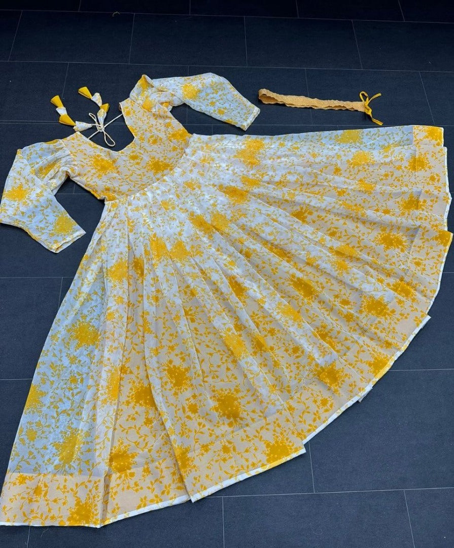 Yellow georgette printed gown