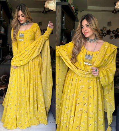 Yellow georgette printed long anarkali gown