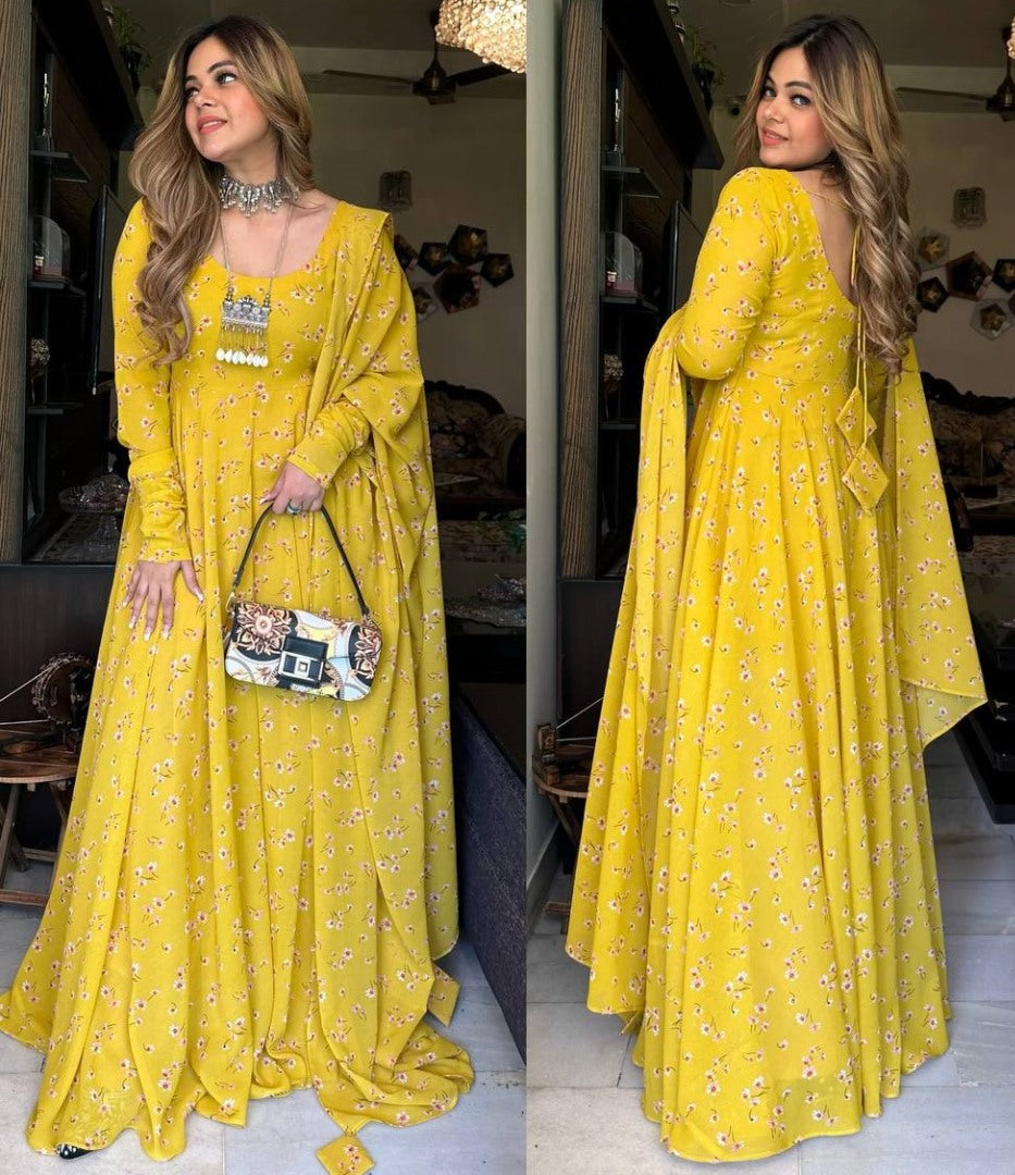 Yellow georgette printed long anarkali gown