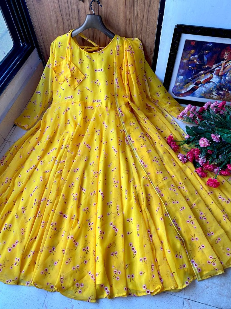 Yellow georgette printed long anarkali gown