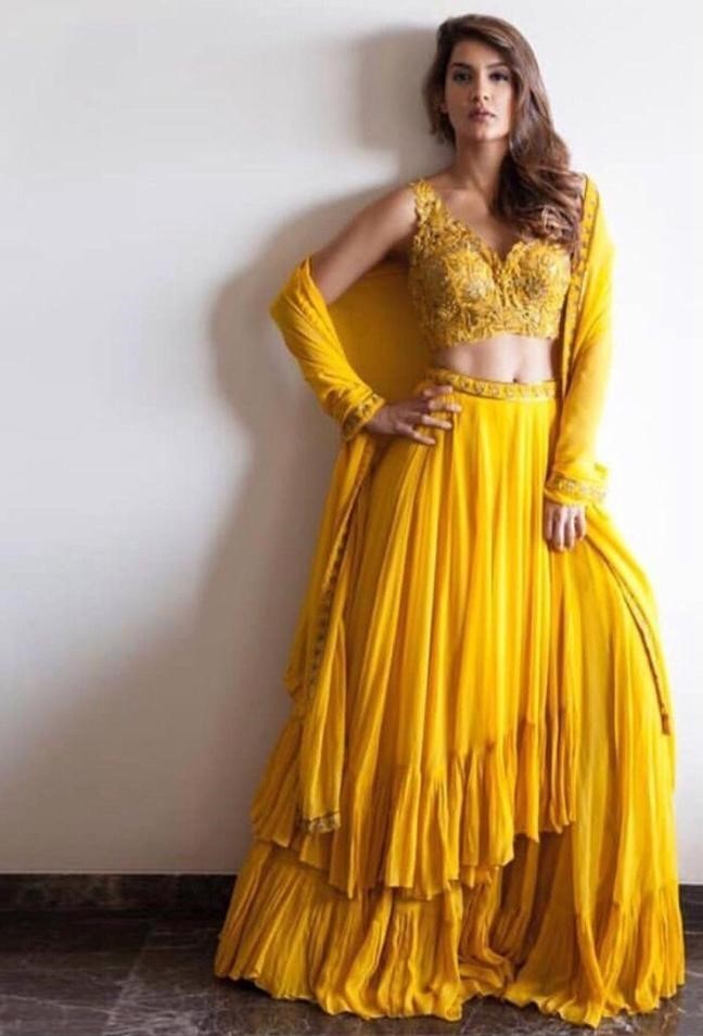 Yellow georgette ruffle border plain ceremonial lehenga