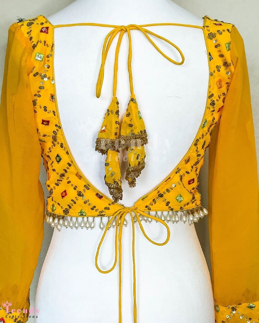 Yellow georgette ruffle lehenga choli for haldi ceremony