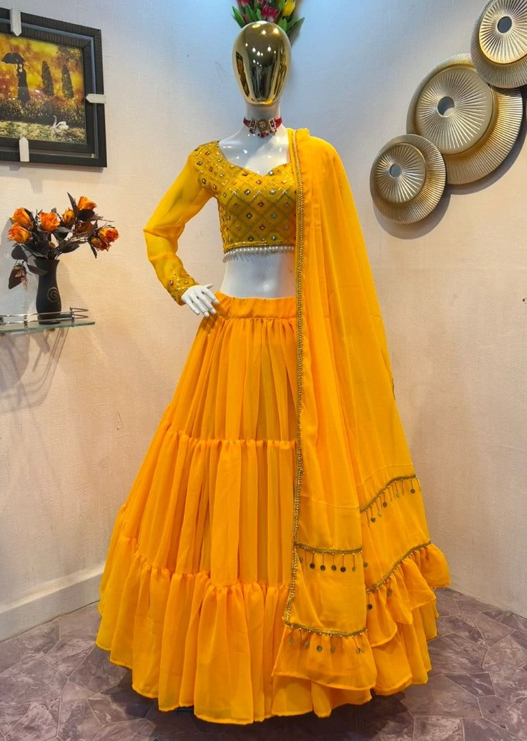 Yellow georgette ruffle lehenga choli for haldi ceremony