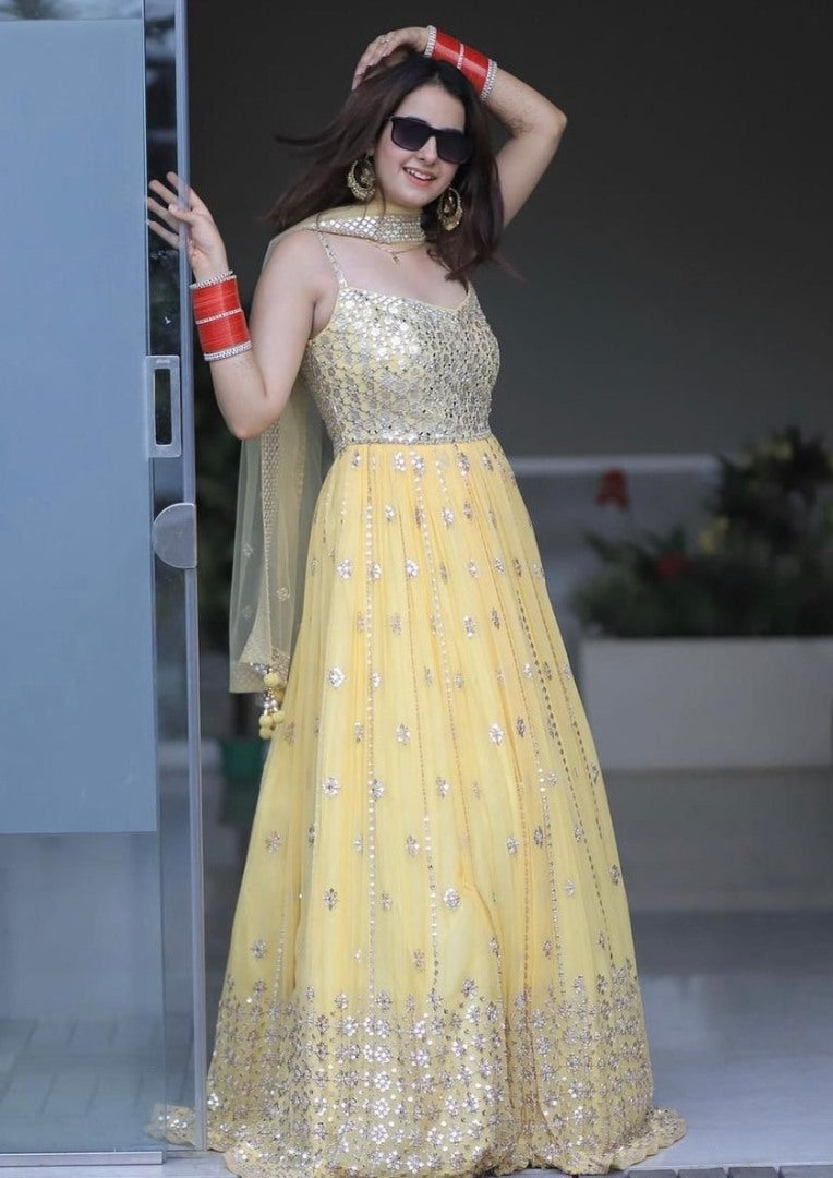 Yellow georgette sequence embroidered gown