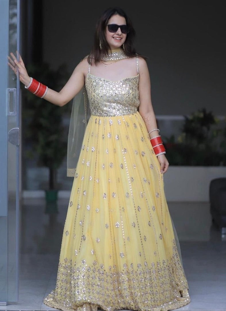 Yellow georgette sequence embroidered gown