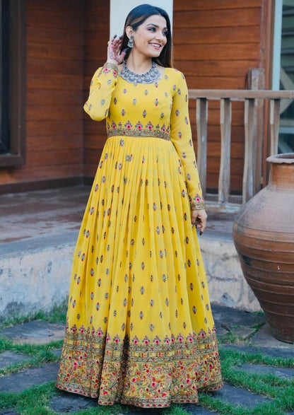 Yellow georgette sequence embroidered long ethnic gown with dupatta