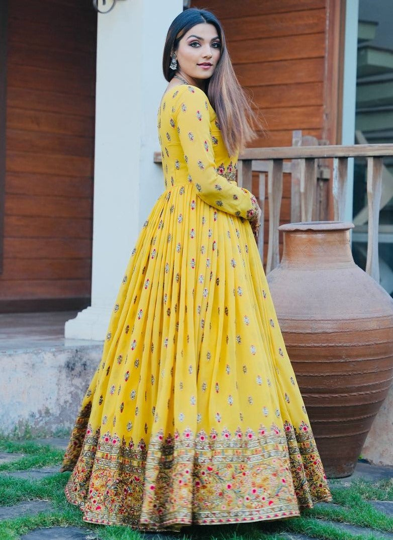 Yellow georgette sequence embroidered long ethnic gown with dupatta