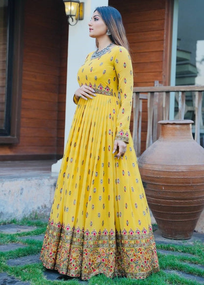 Yellow georgette sequence embroidered long ethnic gown with dupatta