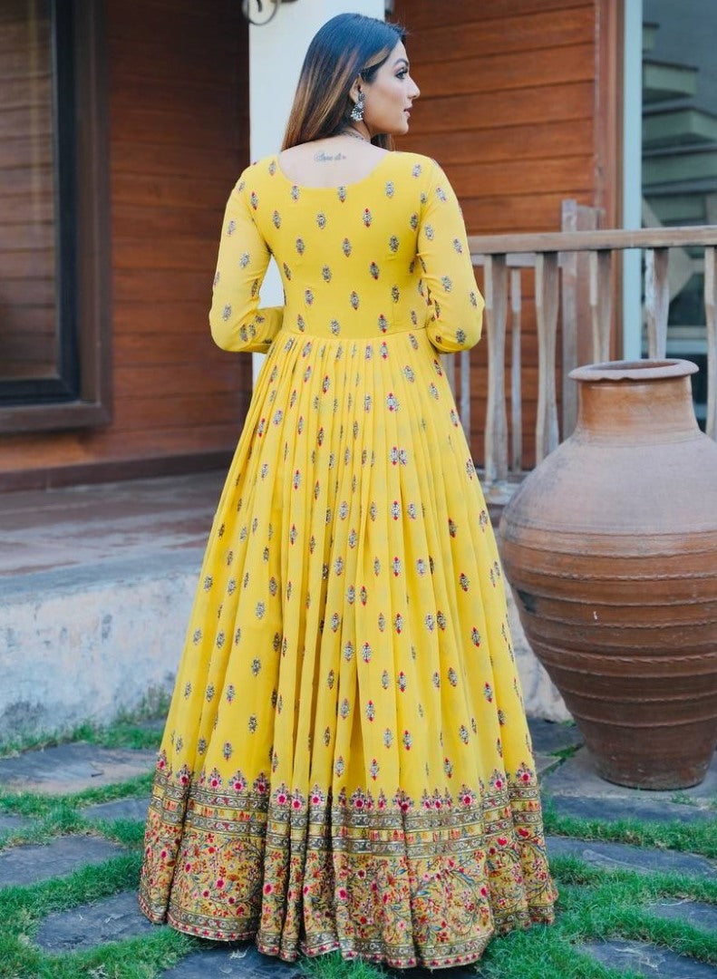 Yellow georgette sequence embroidered long ethnic gown with dupatta