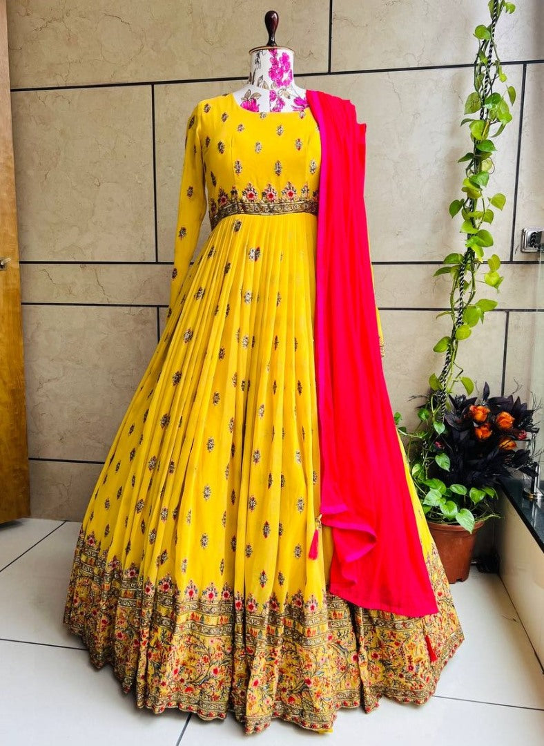 Yellow georgette sequence embroidered long ethnic gown with dupatta