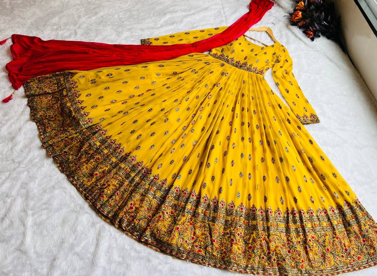 Yellow georgette sequence embroidered long ethnic gown with dupatta