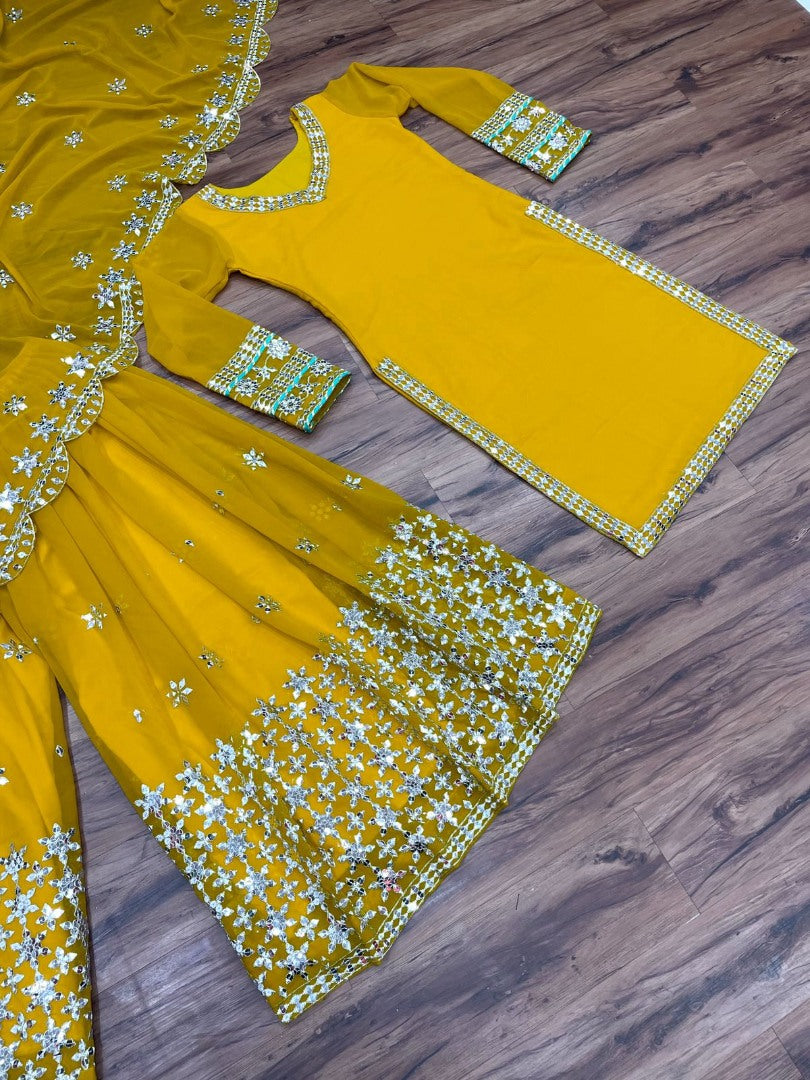 Yellow georgette sequence embroidery work designer sharara suit