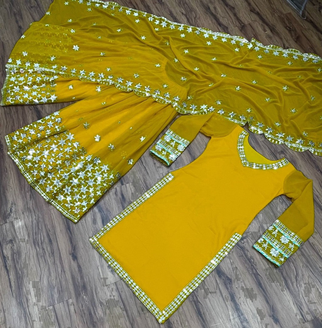 Yellow georgette sequence embroidery work designer sharara suit