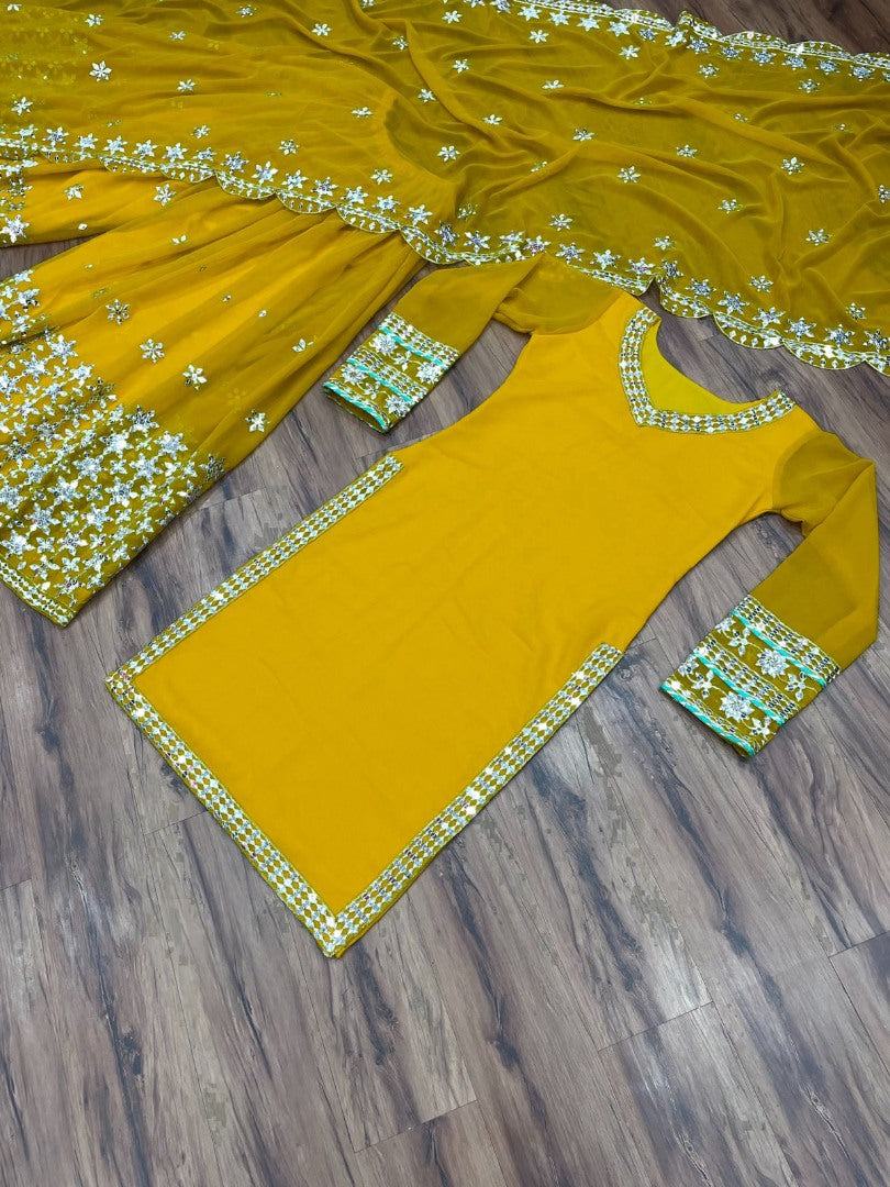 Yellow georgette sequence embroidery work designer sharara suit