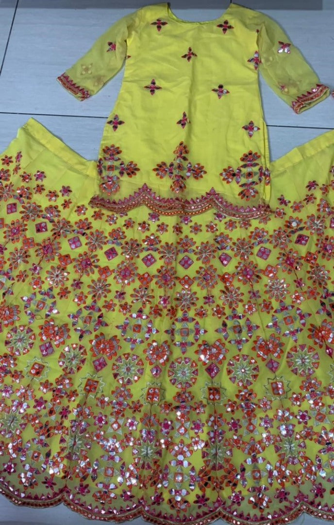 Yellow georgette sequence thread and foil mirror work lehenga choli