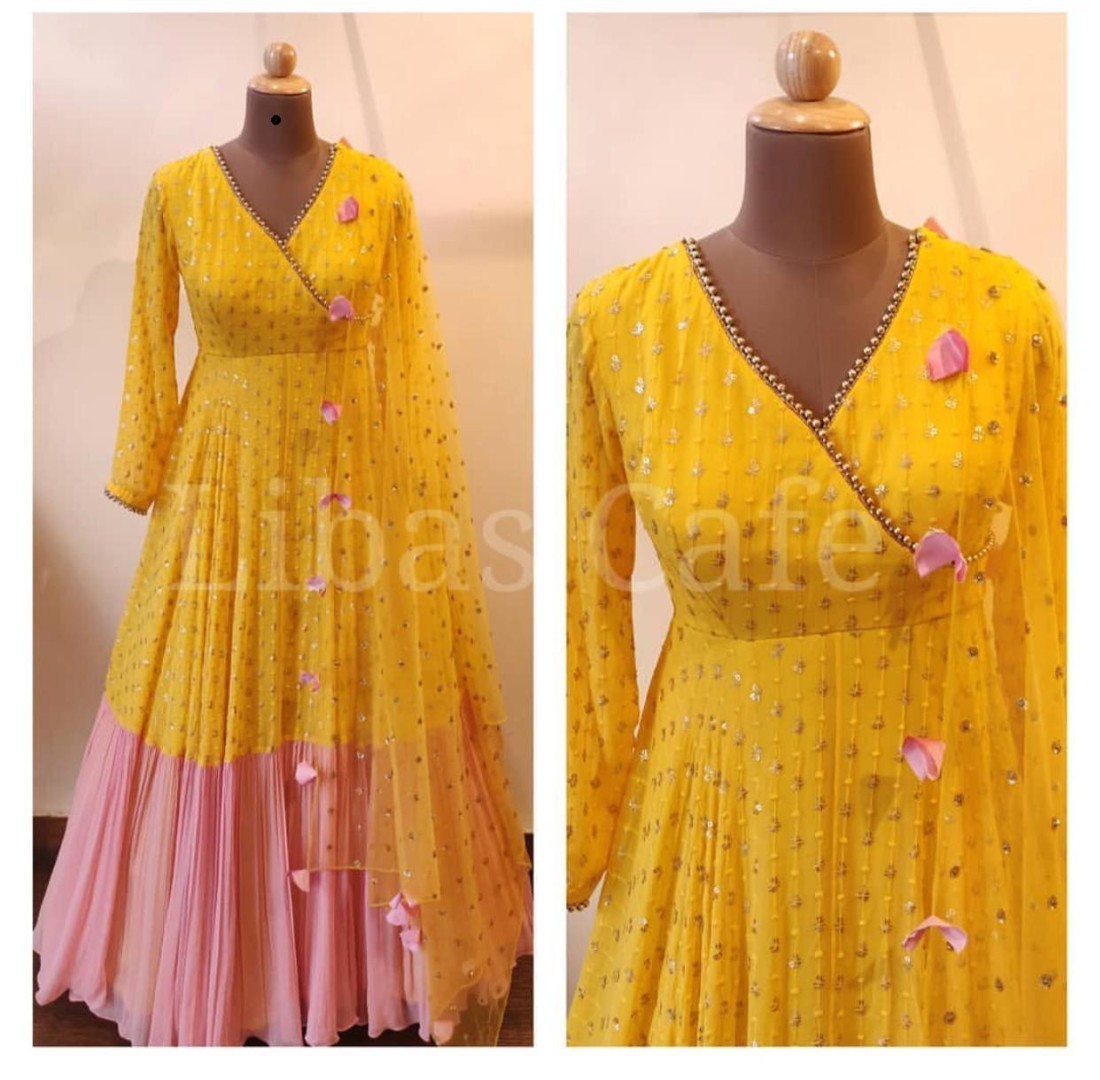 Yellow georgette sequence work gown