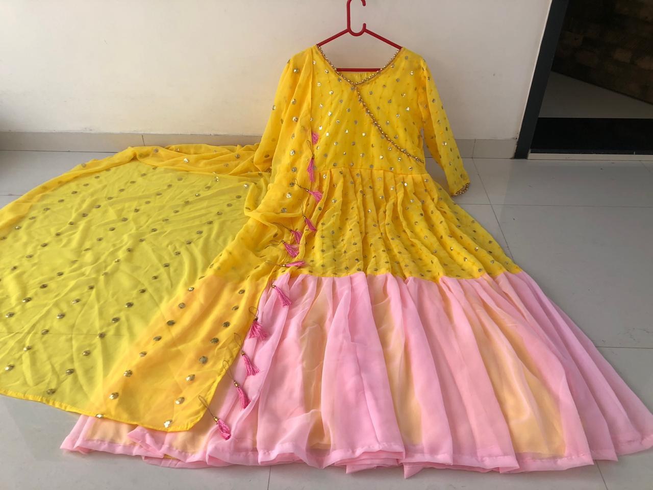 Yellow georgette sequence work gown