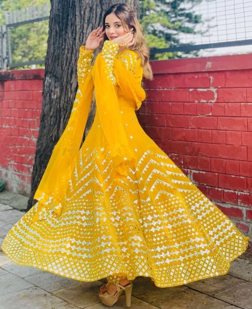 Yellow georgette sequence work long anarkali suit