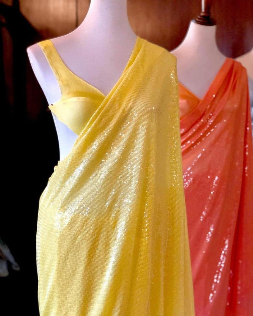 Yellow georgette sequence work partywear saree