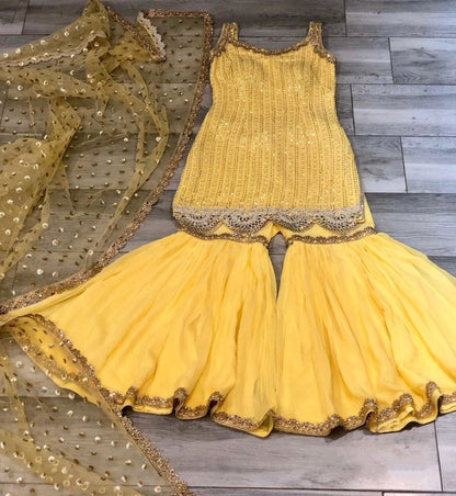 Yellow georgette sequence work sharara salwar suit