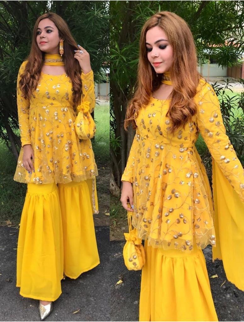 Yellow georgette sequence work sharara salwar suit