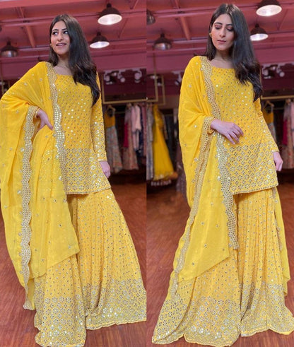 Yellow georgette sequence work sharara salwar suit