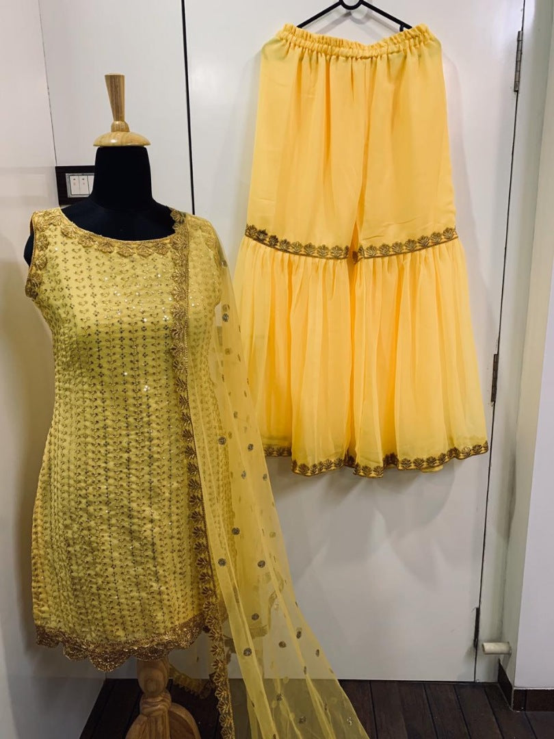 Yellow georgette sequence work sharara salwar suit