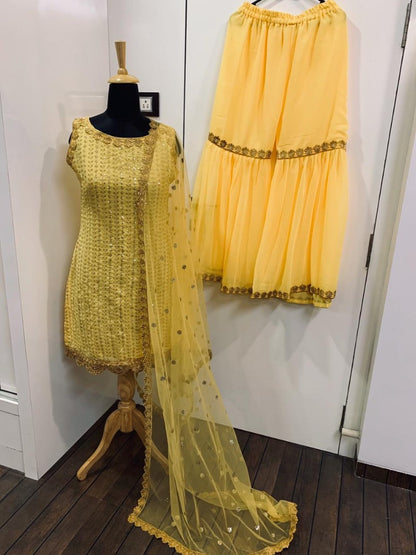 Yellow georgette sequence work sharara salwar suit