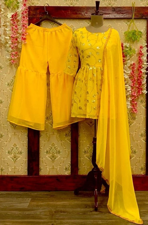 Yellow georgette sequence work sharara salwar suit