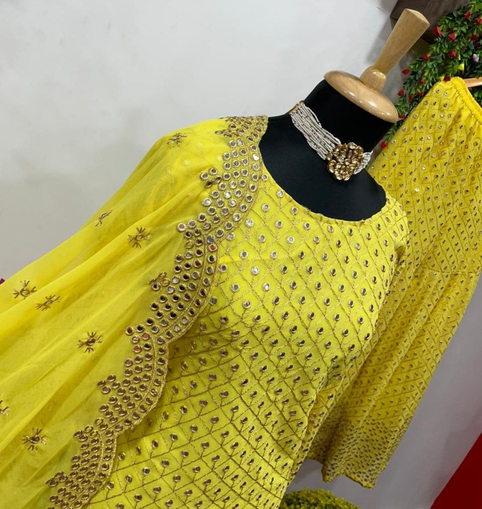 Yellow georgette sequence work sharara salwar suit