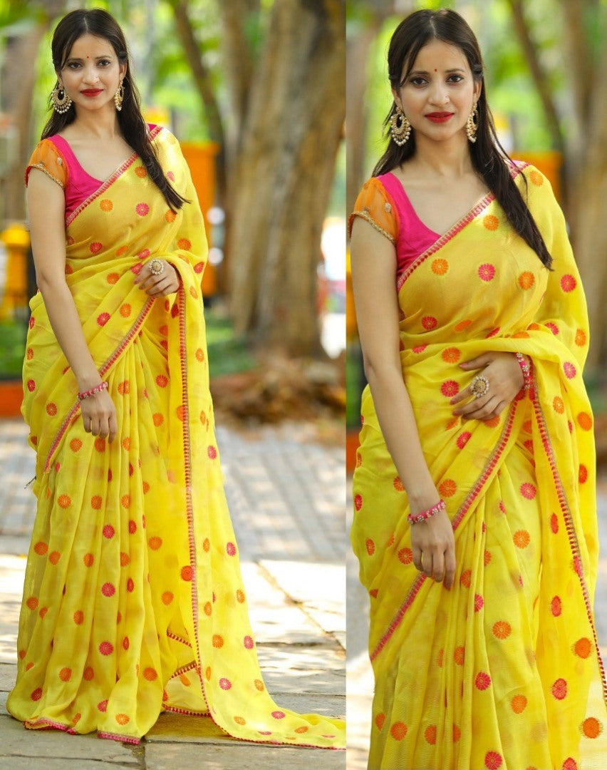 yellow georgette silk beautiful embroidery festival wear saree