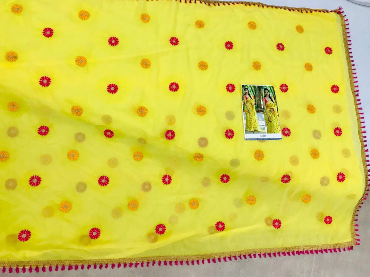 yellow georgette silk beautiful embroidery festival wear saree