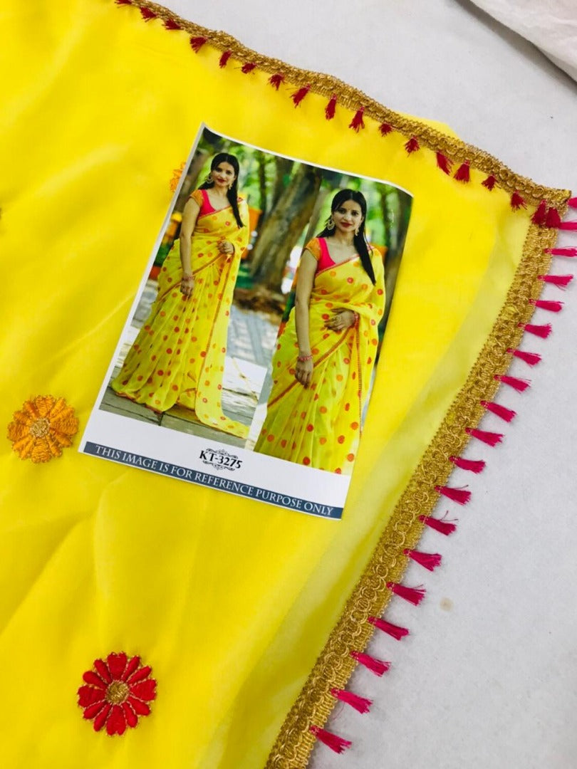 yellow georgette silk beautiful embroidery festival wear saree