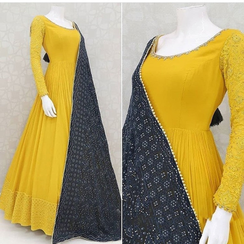 Yellow georgette thread and sequence embroidered anarkali gown