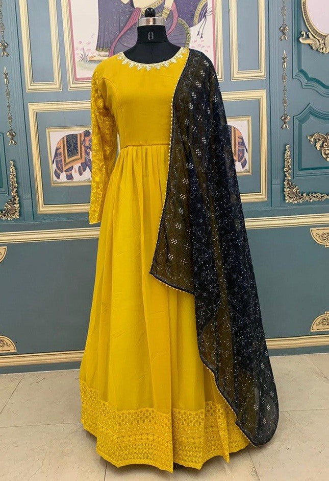 Yellow georgette thread and sequence embroidered anarkali gown