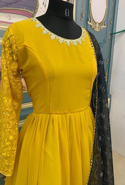 Yellow georgette thread and sequence embroidered anarkali gown