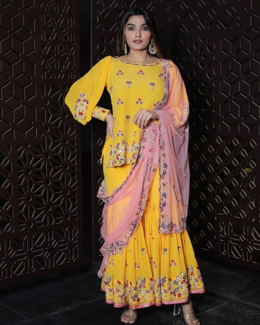 Yellow georgette thread and sequence work ceremonial sharara suit