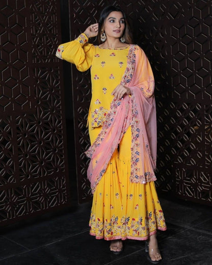 Yellow georgette thread and sequence work ceremonial sharara suit