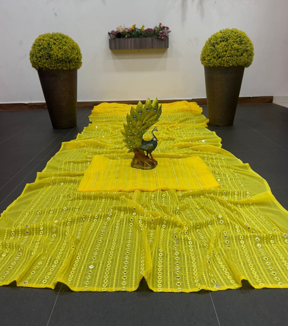 Yellow georgette thread and sequence work party wear saree