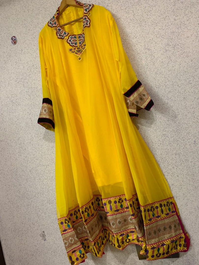 Yellow georgette thread embroidered anarkali suit