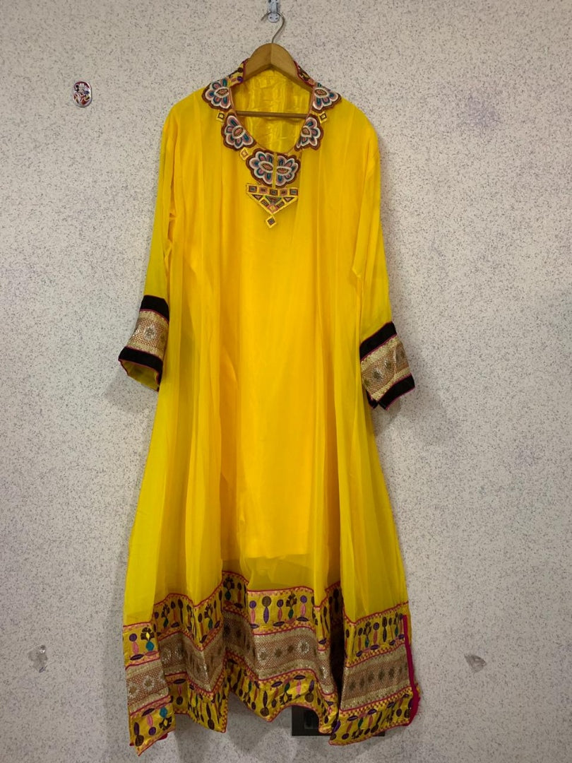 Yellow georgette thread embroidered anarkali suit