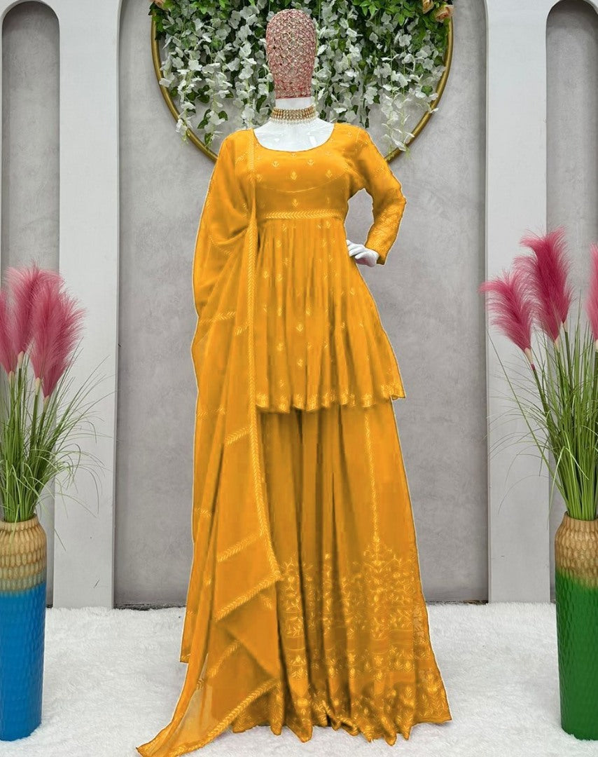 Yellow georgette thread embroidery work sara ali designer palazzo suit