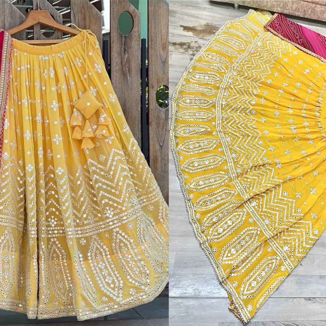 Yellow georgette thread paper mirror work lehenga choli for ceremony function