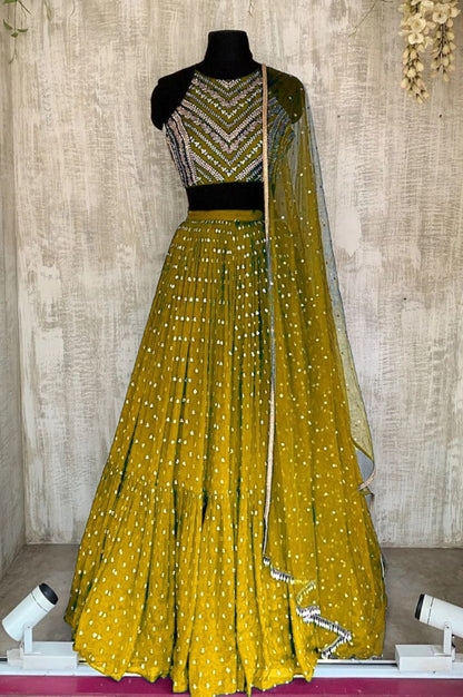 Yellow georgette thread sequence embroidery work partywear lehenga choli